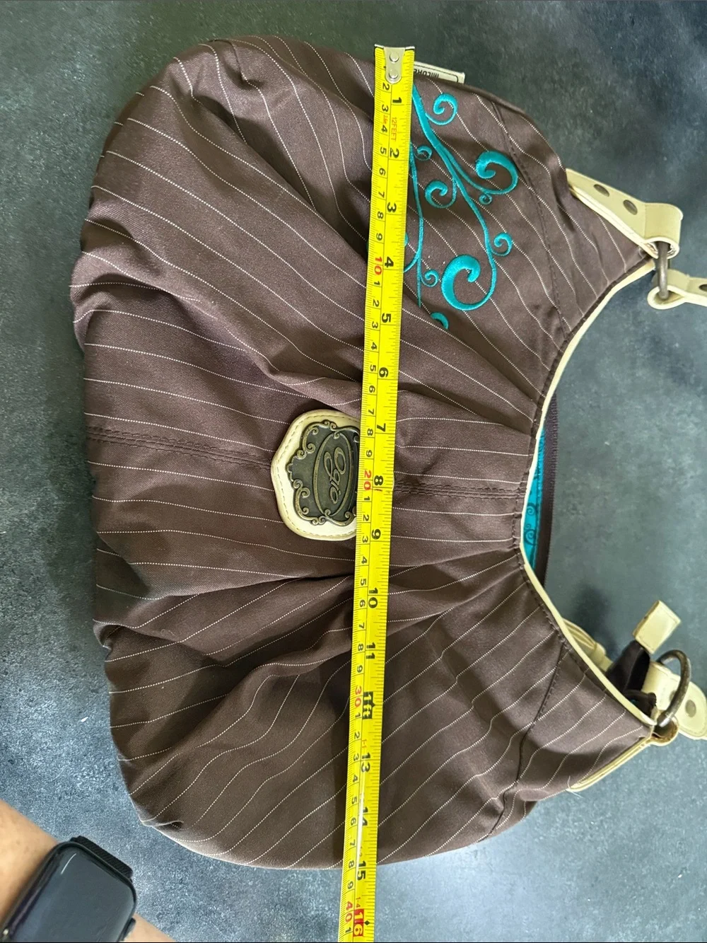 Brown Pinstripe Shoulder Bag with Teal Embroidery hobo bag by Ogio